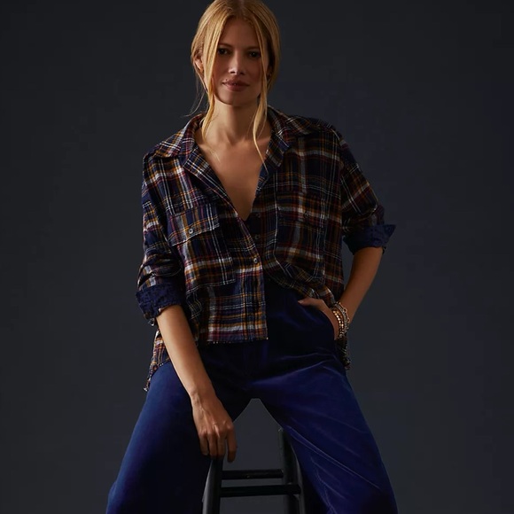 Anthropologie Pilcro Cropped Plaid Button-Down Shirt Top Blue Small Oversized - Picture 7 of 16